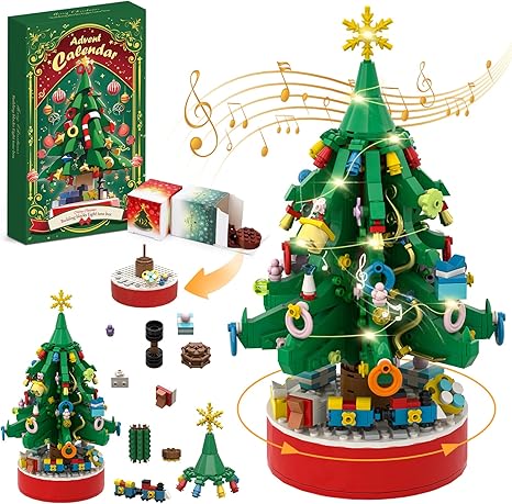 Advent Calendar 2024 Christmas Tree Building Blocks Kit with LED Light & Music Box, 24 Days Christmas Countdown Calendar Building Block for Kids Adult, Desk Decor for Teens Boys Girls