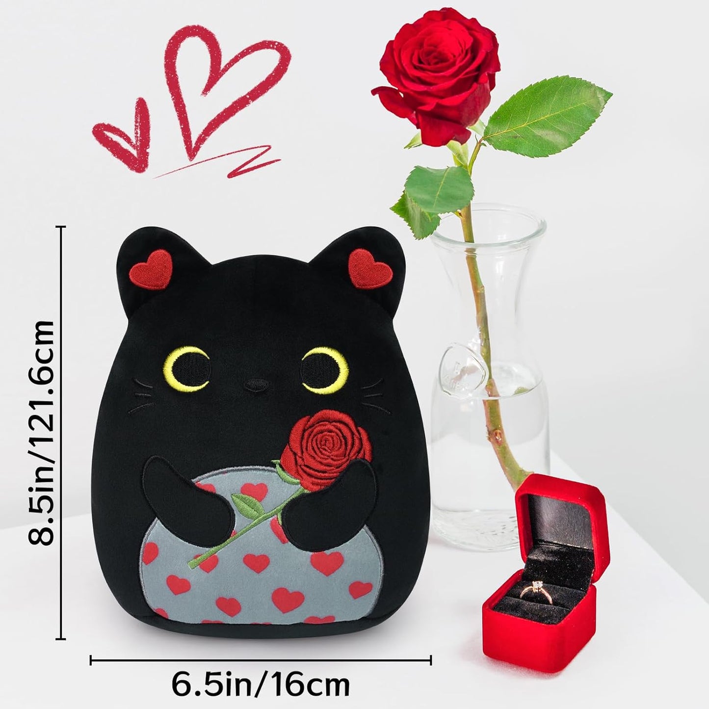 Black Cat Plush with Rose Decor, 8in Cat Stuffed Animals, Kawaii Stuffed Cat Plushie, Black Cat Toys Doll, Cute Cat Plush Pillow,Gift for Valentine's Day,Birthday,Christmas