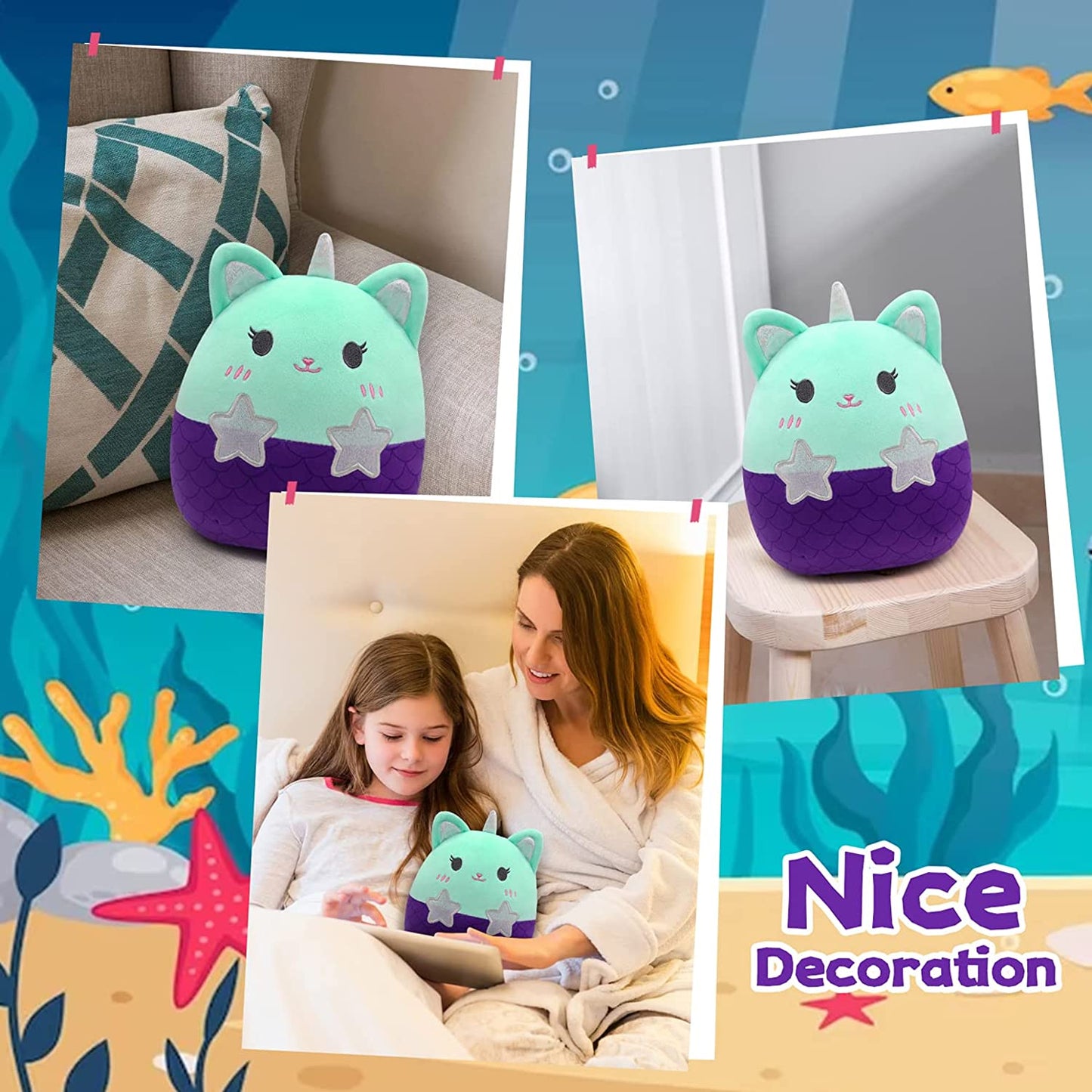 Cat Stuffed Animals Plush Toys, Kawaii Mermaid Plush Cat Pillow, Cute Mermaid Caticorn Plush Doll, Mermaid Plush Toys Purple Caticorn Pillow Gifts for Kids Girls Boys