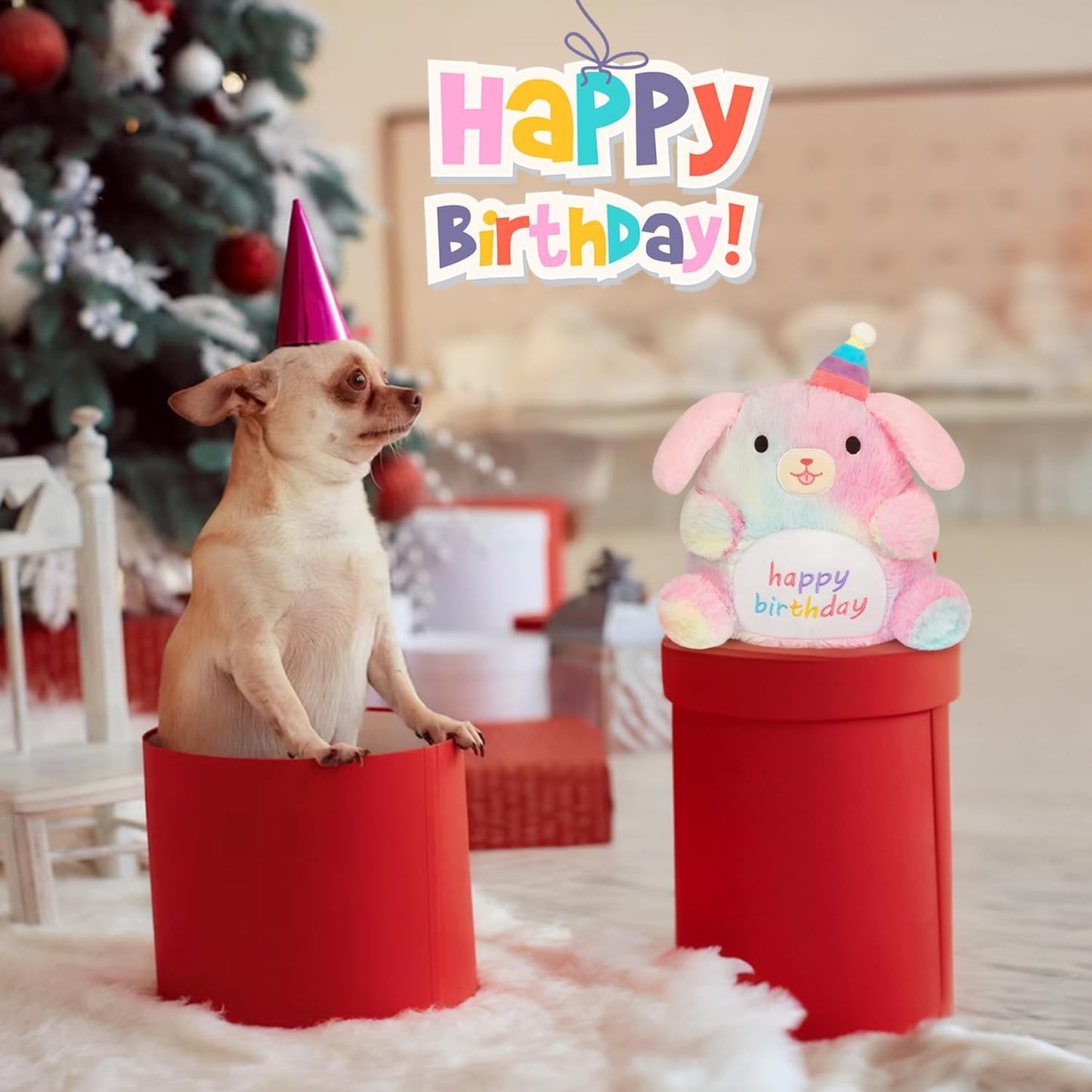 Happy Birthday Dog Plush, 9inch Rainbow Birthday Dog Stuffed Animal Happy Birthday Plush, Cute Soft Puppy Plush Toy Birthday Gift for Kids, Women, Girlfriend