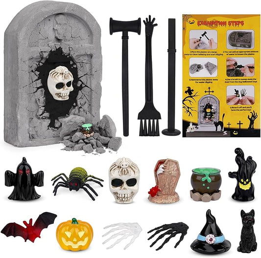 Halloween Tombstones Dig Kit, Digging 12 Spooky Halloween Toys, Pumpkins, Witch Hats, Ghosts, Spiders, STEM Science Kits for Kids Age 6-8-12, Halloween Toys for Kids Party Favors