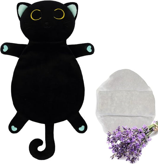 Microwave Heating Pad for Women & Kids, Soft Black Cat Microwavable Period Menstrual Heating Pads, Cute Heatable Warm Stuffed Animal Plush Pillow, Hot & Cold Plushie Toy Gift for Girls