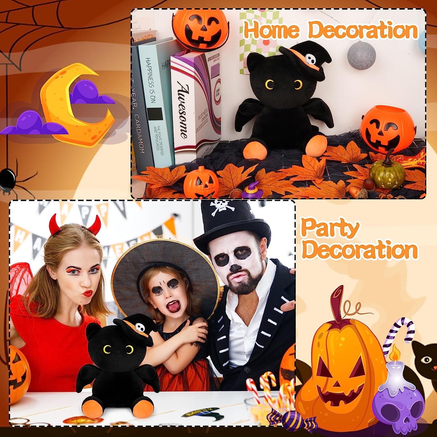 Peluche de gato negro de Halloween, gato negro con sombrero, lindo murciélago negro juguetes de muñeca de peluche, regalos de decoración de Halloween para niños