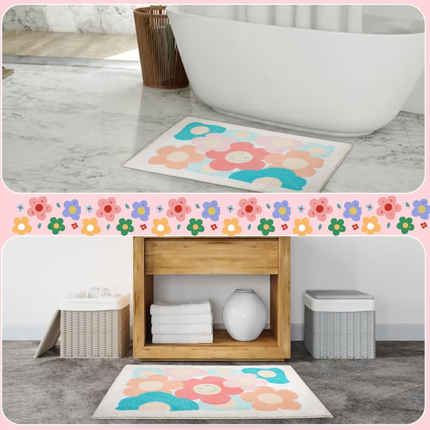 Bathroom Rug Bathroom Mat, Cute Bath Mat Non Slip Absorbent Bath Rug for Bathroom (Flowers)