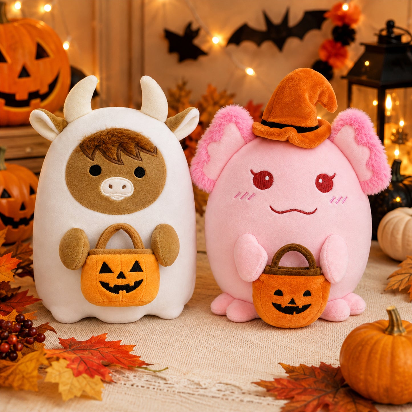 Halloween Stuffed Animal, 8 Inch Halloween Plush Ghost Highland Cow Plush Ghost Cow Plush Toy with a Pumpkin Basket, Soft Ghost Pillow Plush Cow for Kids, Halloween Gifts Boo Basket Stuffers