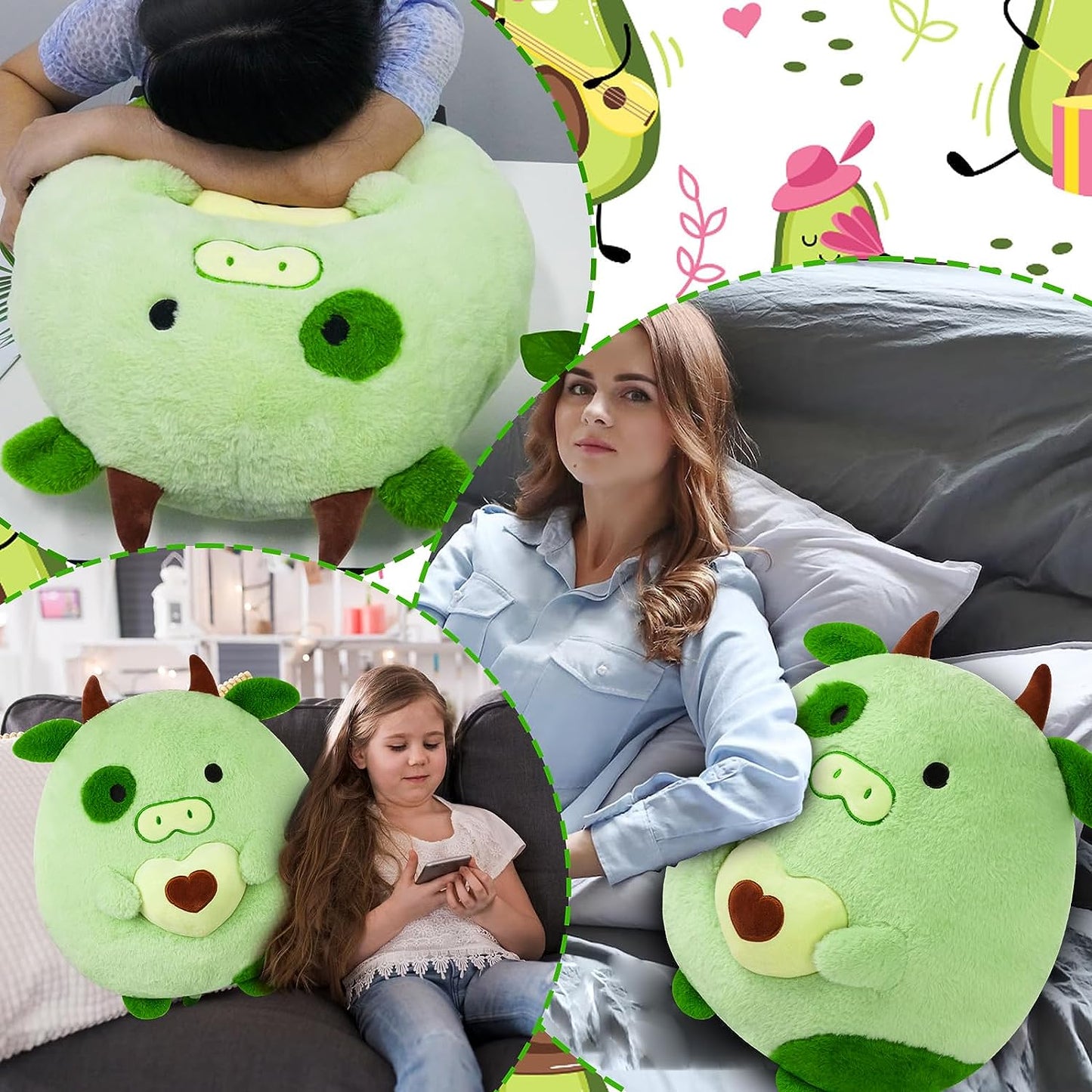Almohada gigante de peluche de aguacate verde linda vaca