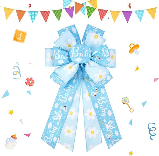 Baby Shower Bows for Wreath, Gender Reveal Decorations Baby Blue Burlap Bows, Birthday Wreath Bows for Front Door, Tree Topper Indoor Outdoor, Baby Shower Decor Supplies