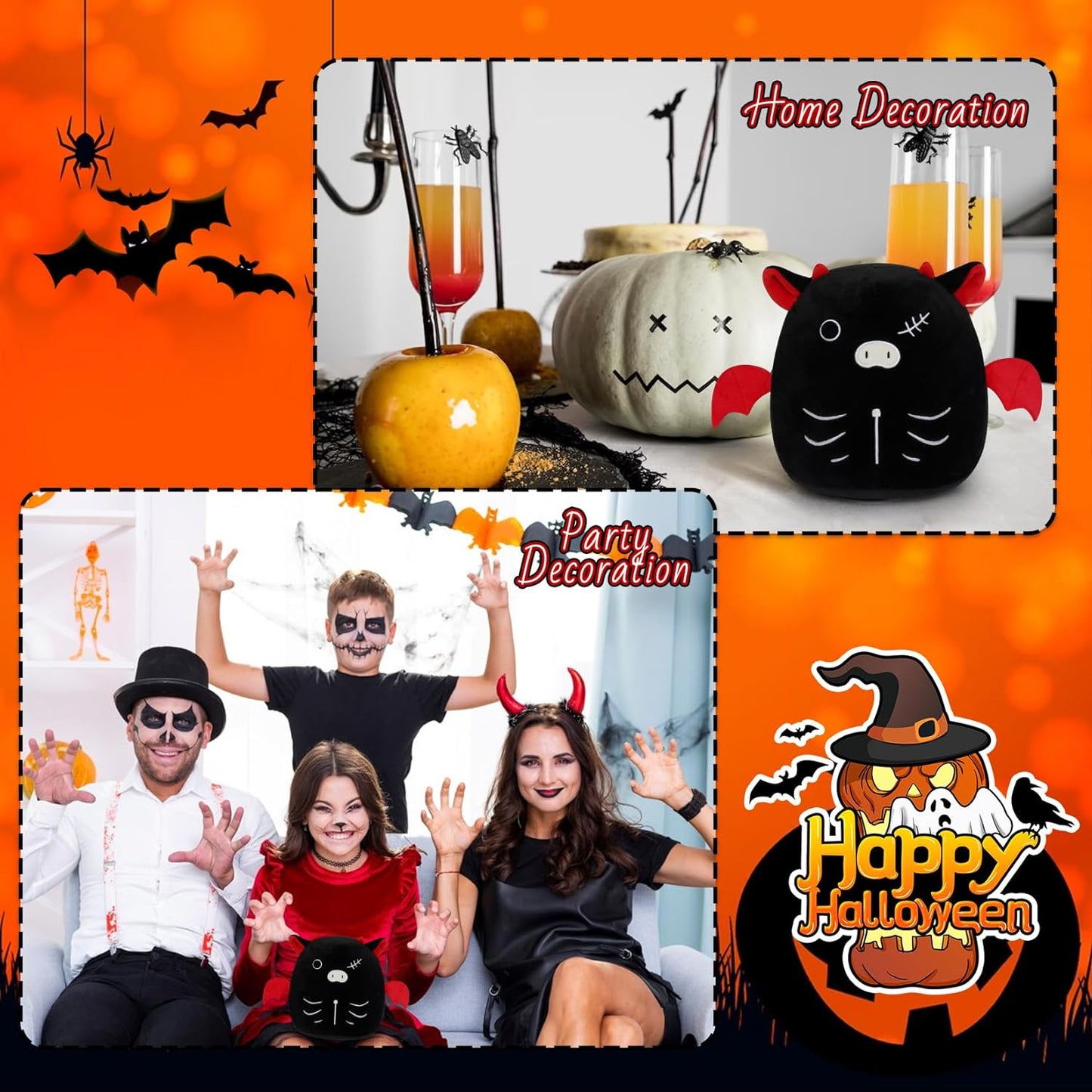 Cow Plushie Halloween Cow Stuffed Animal Toy, 20cm Cute Black Cow Stuff Plush Pillow, Kawaii Home Decor Halloween Bat Plush Doll Gift for Kids Boys Girls