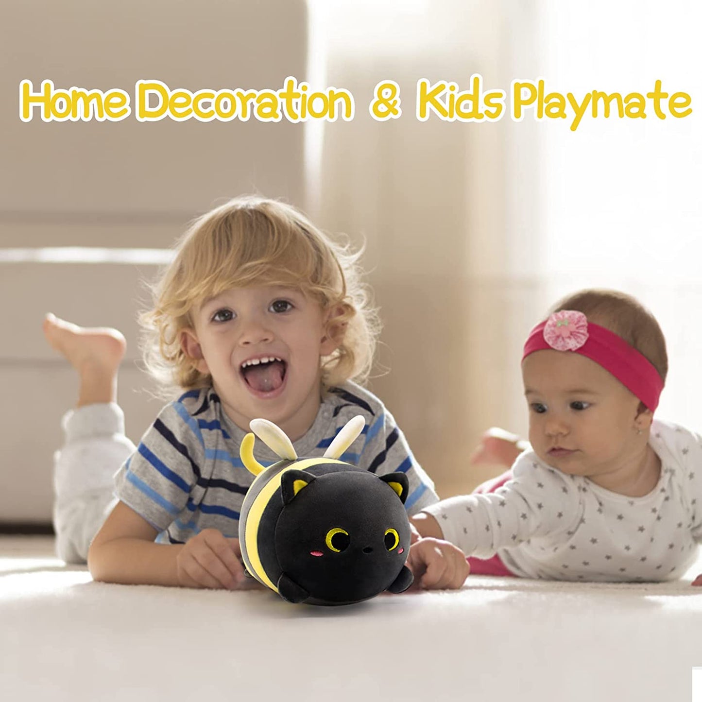 Cute Cat Bee Plush Pillow, 8" Black Cat Bee Stuffed Animal Kawaii Cat Bee Plushie, Soft Black Cat Bee Plush Toy Gift for Kid’s Birthday, Hugging Plush Cat Pillow for Girlfriend