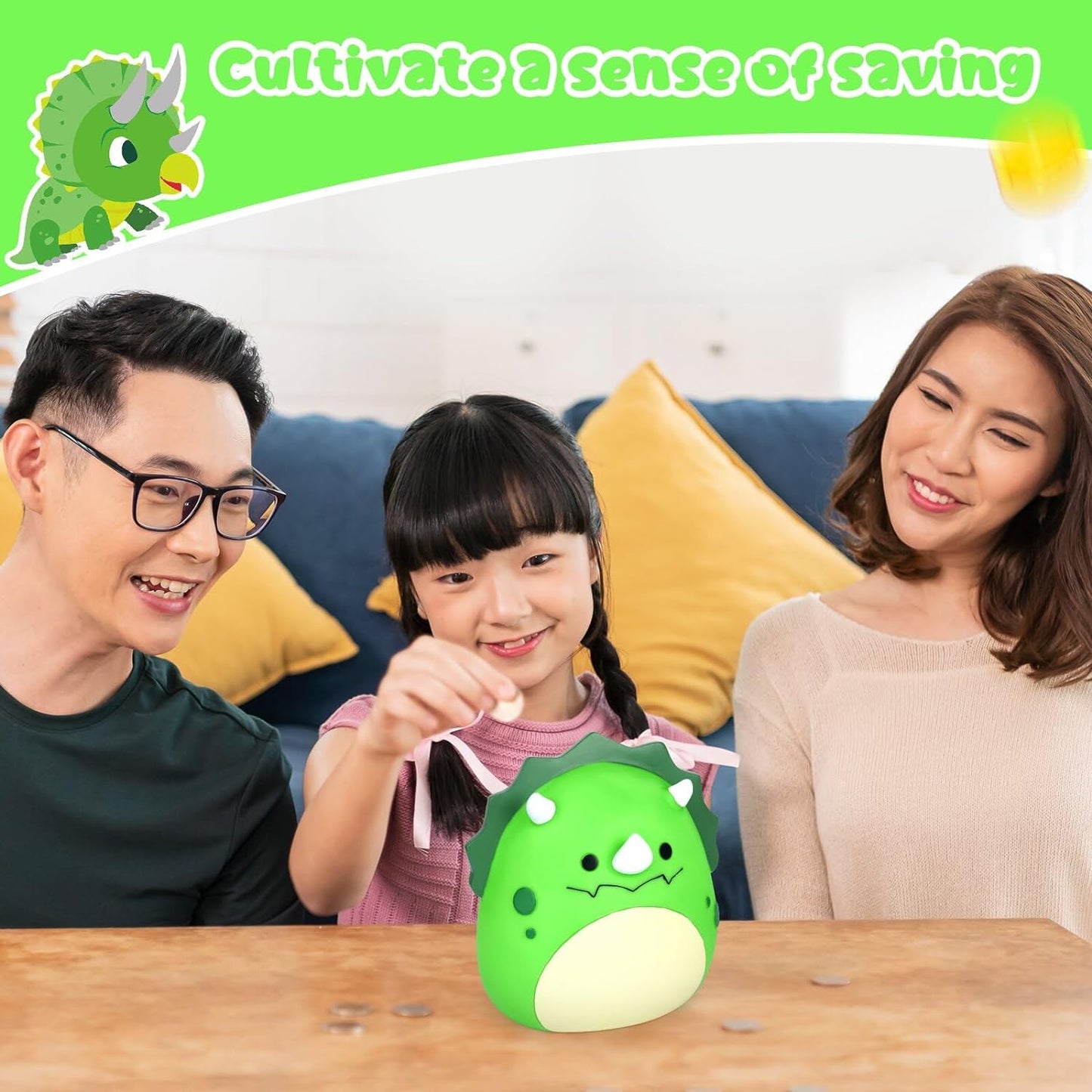 Dinosaur Piggy Bank Girls - Triceratops Piggy Bank for Kids, 7in Green Unbreakable Piggy Bank for Boys & Adults, Cute Coin Bank Gift for Kids Christmas Birthday