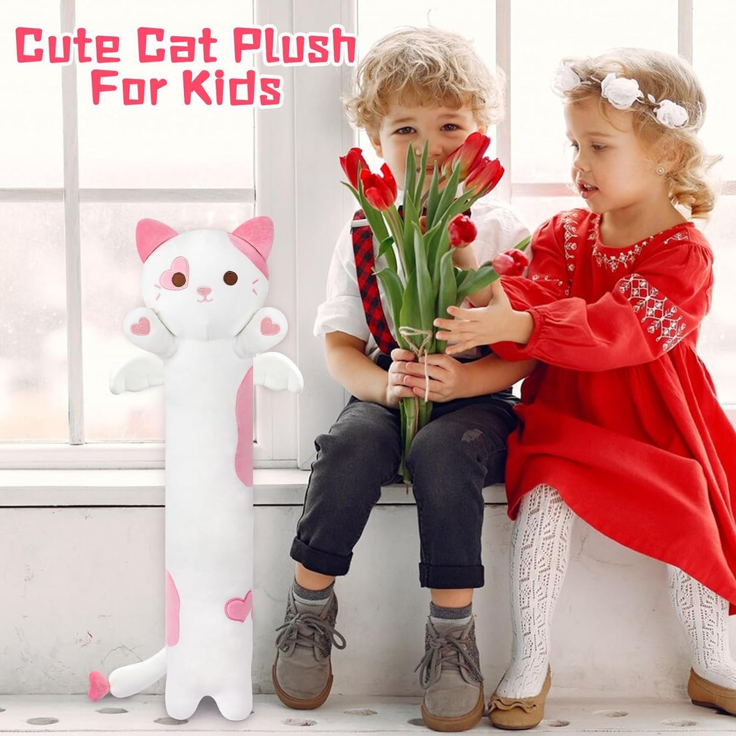 Long Cat Plush Body Pillow, 22Inch Cute Cartoon Cat Stuffed Animals Cat Plushie Pillow, Soft Pink Kitten Plush Sleeping Throw Pillow Stuffed Cat Toy Gifts for Kids Valentine's Day