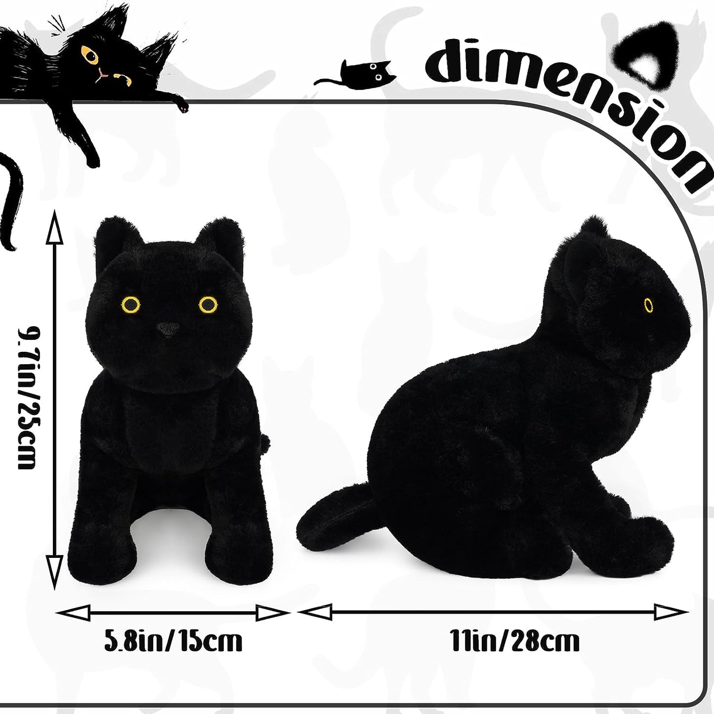 Juguete de peluche de gato negro, suave almohada de peluche de gato negro, lindo juguete de peluche para niños y niñas