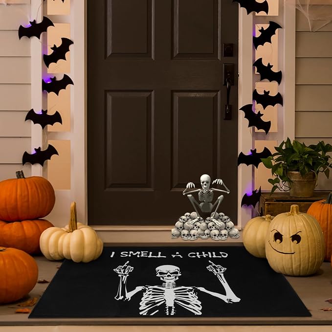 Door Mat Skull Rug, Gothic Decorative Front Door Mat, Black Rug Welcome Mat, Dark Style Rug for Kitchen, Bedroom, Living Room，Gothic Decor