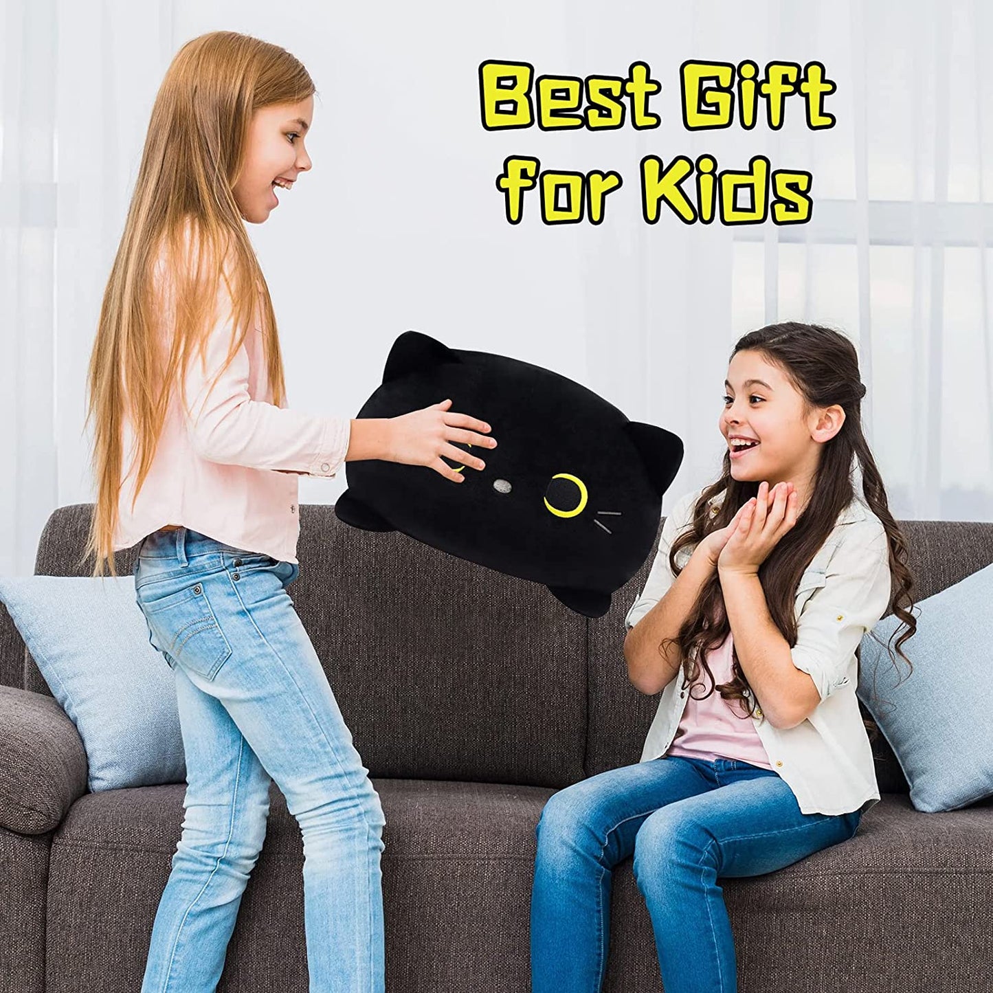 Black Cat Stuffed Animal Plush, 3D Black Cat Plush Black Cat Pillow, Cute Cat Plush Doll Black Cat Pillow Plush Toys Cat Shape Design Sofa Pillow Cushion Decoration Doll