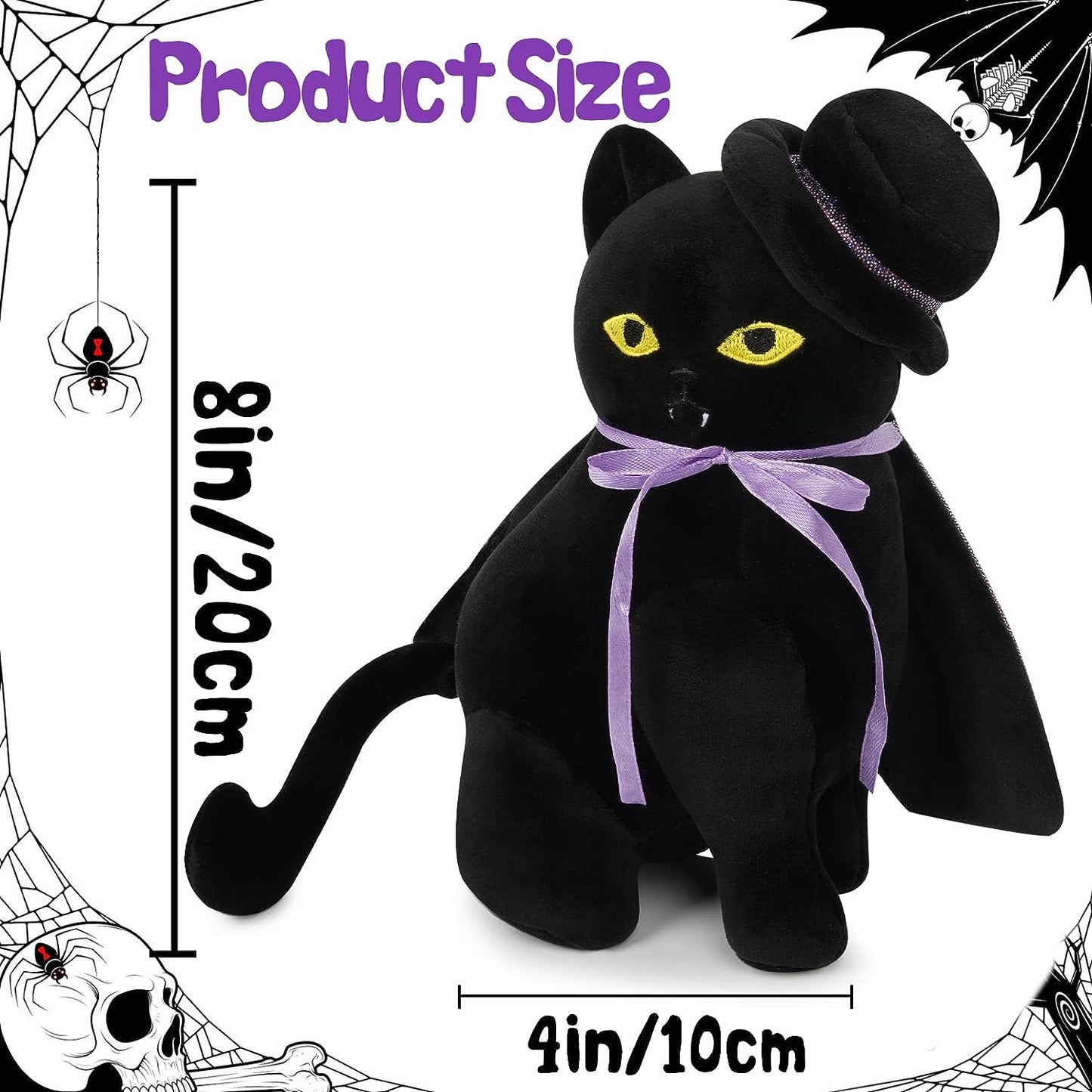 Halloween Black Cat Stuffed Animal - Cute Black Cat Plush with Hat Cloak, Halloween Plush Cat Plushie Halloween Stuffed Cat Toys, Halloween Vampires Cat Plush Doll Decorations