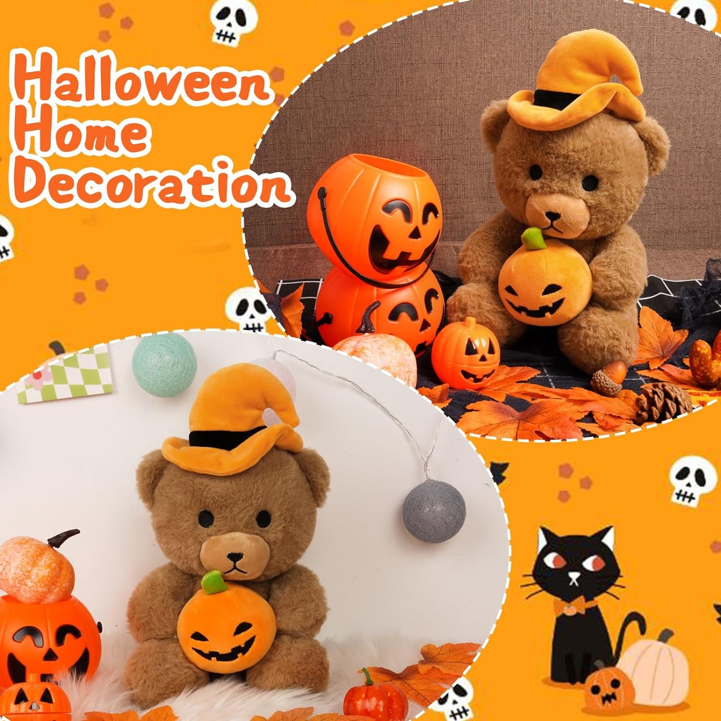 Teddy Bear Stuffed Animal, 8.6 inch Halloween Teddy Bear Hugging Pumpkin, Cute Teddy Bear Plush Toys with Hat, Halloween Decoration Gifts for Adults Children, Brown