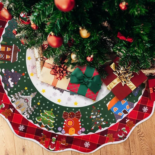 LMTGLDT Christmas Tree Skirt,Christmas Tree Skirt 48 Inches,Green Tree Skirt with Snowflake,Snowman,Xmas Tree,Christmas Tree Decorations for Xmas Home Party Decor