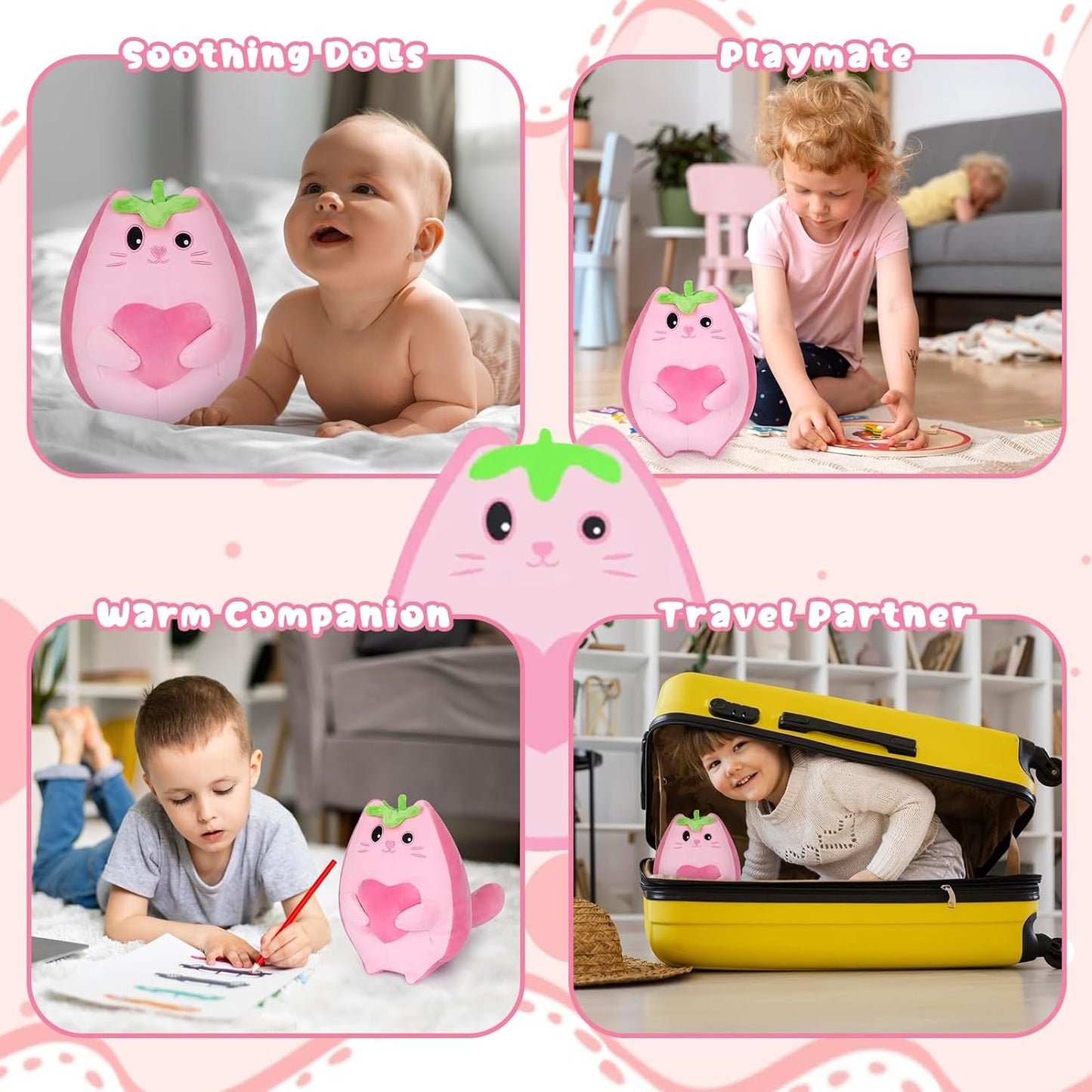 Almohada de peluche de fresa de gato de fresa, lindo juguete de peluche de gato de fresa Kawaii, muñeca de felpa de gato de fresa, suave y lindo regalo para niños y niñas