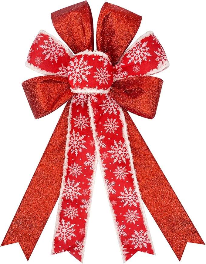 Christmas Wreaths Bows, Glitter Red and White Christmas Bows，Burlap Bows for Tree Topper Large Christmas Bow for Wreaths Frontdoor Wall Christmas Décor Xmas Hanging Ornament