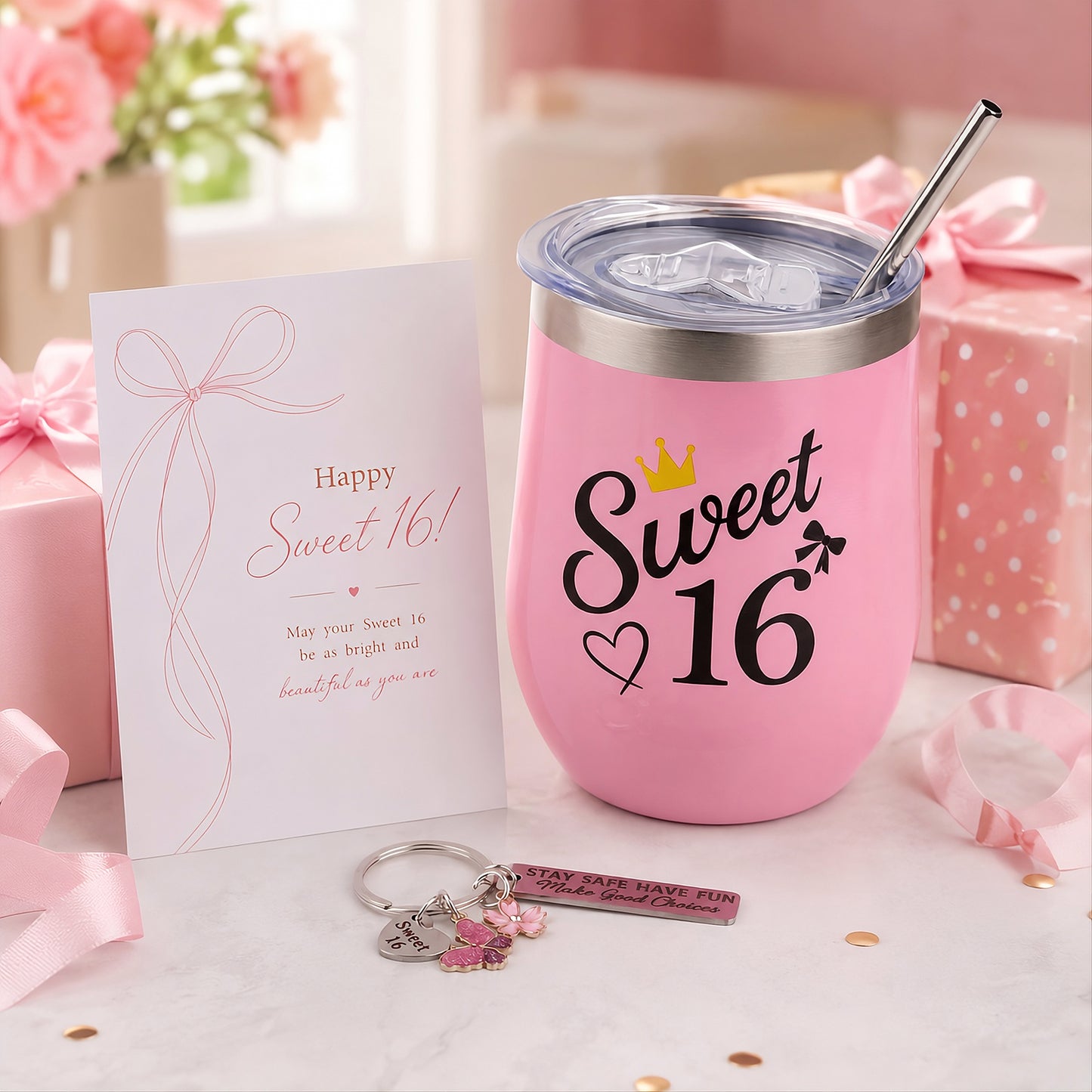 Sweet 16 Gifts for Girls, 16 Year Old Girl Gifts, 7PCS Sweet 16 Gifts with Black Cat Plush, Tumbler, Keychain, Makeup Bag, 16th Birthday Gifts for Girls, 16th Birthday Decorations