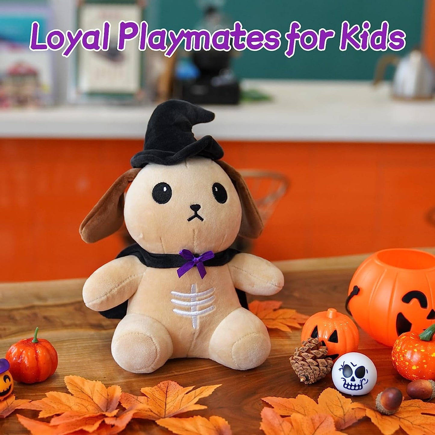 Peluche de perro de Halloween de 8 pulgadas, capa de juguete de peluche para cachorros, linda muñeca de peluche con sombrero de bruja, regalos de decoración de Halloween para niños y niñas