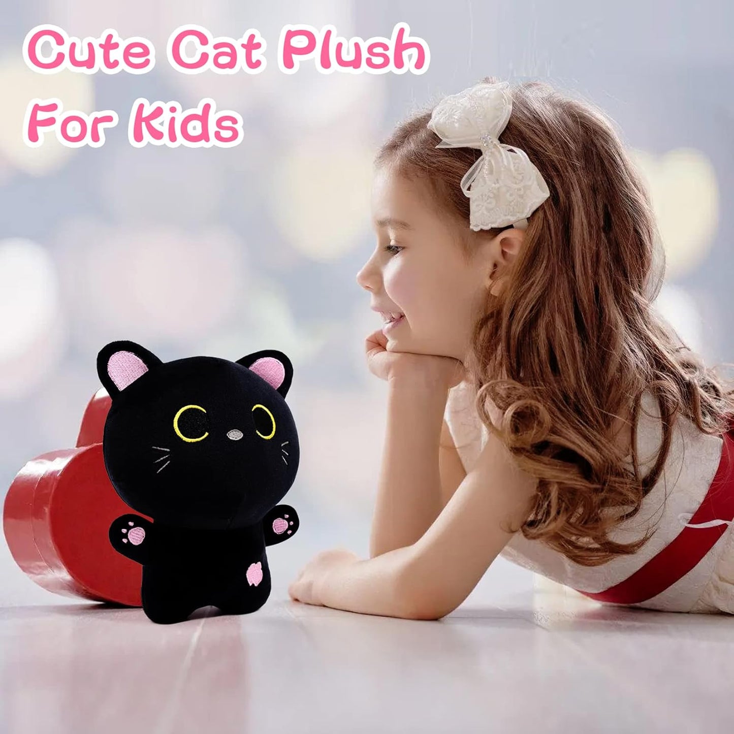 Black Cat Plush Soft Black Cat Stuffed Animal Pillow Toy, Cute Cat Plushie Stuffed Doll Toy for Kids Lover