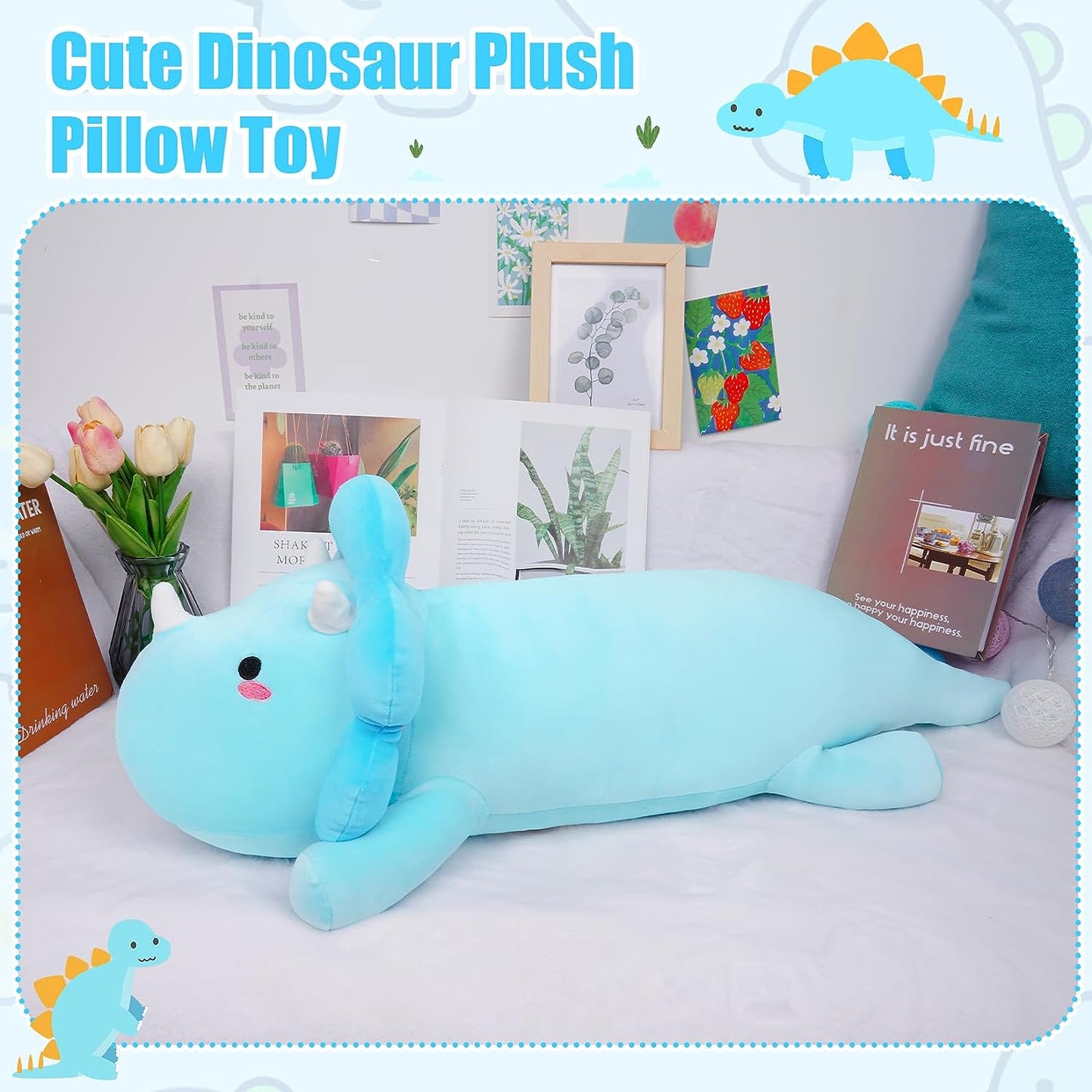 Almohada larga de felpa de dinosaurio, linda almohada de felpa de dinosaurio azul, juguete de peluche de dinosaurio kawaii Marca: Leokawin