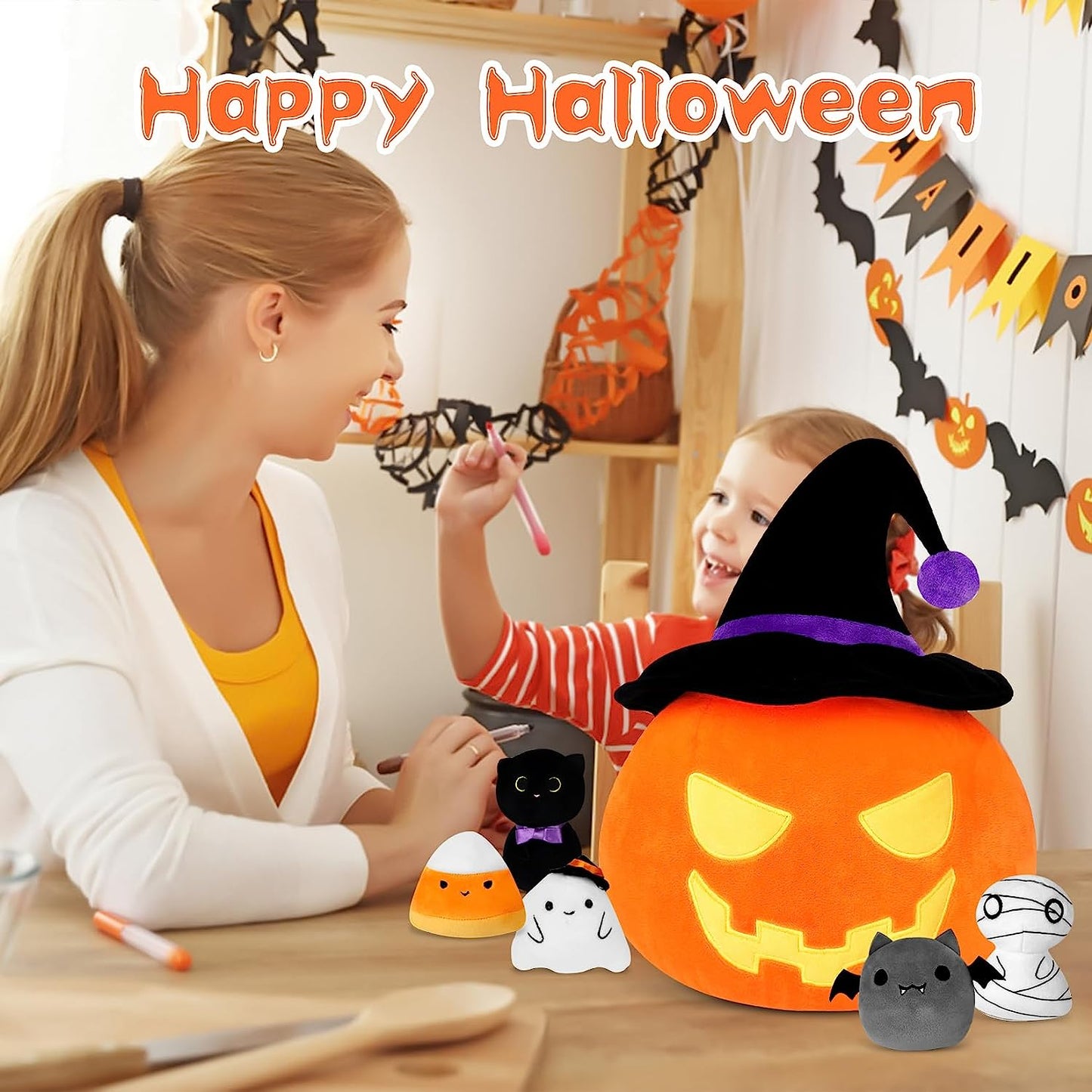 Juego de juguetes de peluche de calabaza de animales de peluche de Halloween, 6 piezas, juego de peluche de calabaza de Halloween, cesta de calabaza de felpa de Kawaii, regalo para bebés y niñas