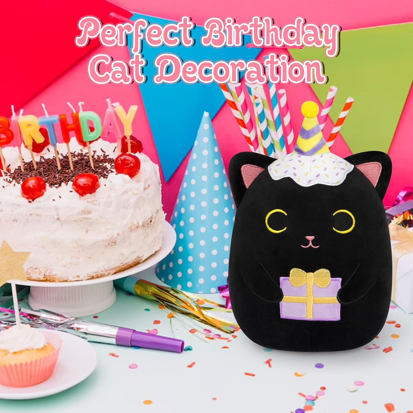 Black Cat Plush, 8" Cute Birthday Stuffed Animal Cat Plushies, Happy Birthday Black Cat Plush Pillow Doll, Soft Cartoon Cat Plush Birthday Gift for Kids