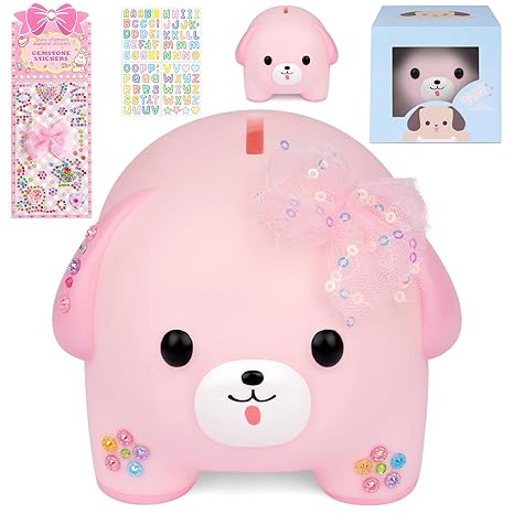 Piggy Bank for Girls,Unbreakable Plastic Puppy Money Bank with DIY Stickers and Rhinestone Bow Tie,Cute Coin Bank for Kids Birthday (Pink)