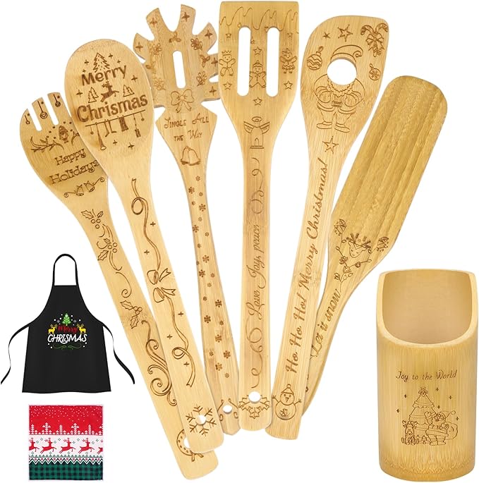 Christmas Gift for Women Mom Her, 9Pcs Wooden Spoons for Cooking & Serving, Christmas Bamboo Kitchen Cooking Utensils Set with Aprons Towels, Great Mother's Day Birthday Christians Gifts from Daughter