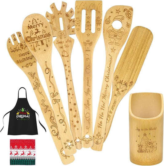 Christmas Gift for Women Mom Her, 9Pcs Wooden Spoons for Cooking & Serving, Christmas Bamboo Kitchen Cooking Utensils Set with Aprons Towels, Great Mother's Day Birthday Christians Gifts from Daughter