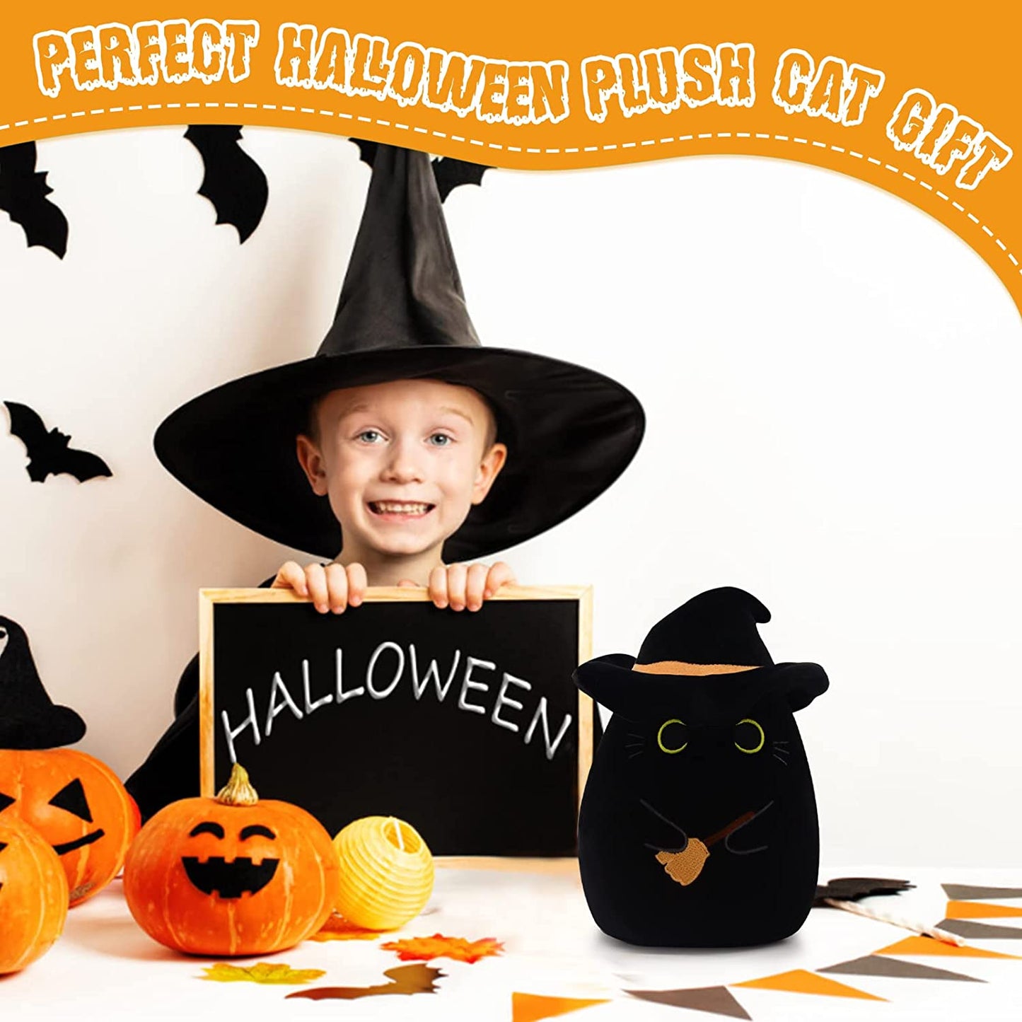 Black Cat Pillow Black Cat Plush Toy, Soft Halloween Plush Cat Toy with Hat, Cute Halloween Plush Witch Black Cat Doll, Kawaii Halloween Witch Cat Plush Gift for Kids Boys Girls