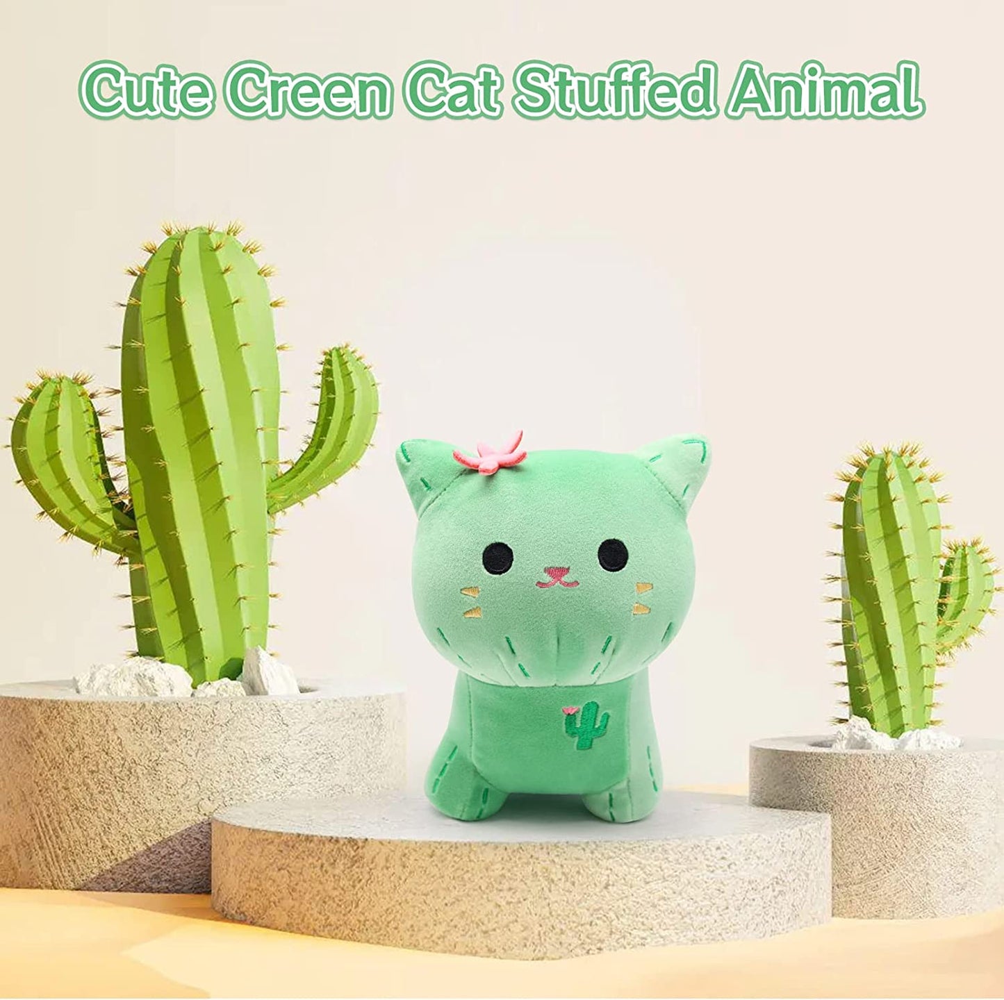 Cat Stuffed Animal Cat Plush Pillow, Cute Cat Plush Pillow Doll, Kawaii Cacti Flower Cat Plushies, Green Cat Plush Toys Home Decor, Soft Plush Cat Toys Gifts for Kids Boys Girls
