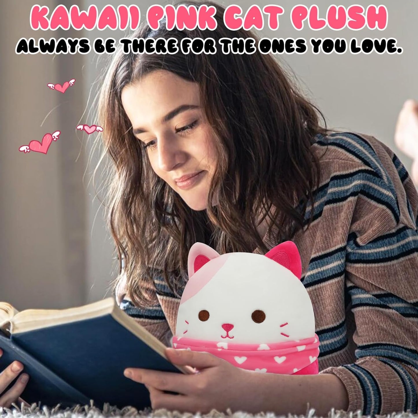 Cat Stuffed Animal Cute Cat Plush Toy, 8in Valentine's Day Love Cat Plush Doll, Kawaii Cat Plush with Collar Scarf, Cute Plushies Gifts for Kids Girlfriends