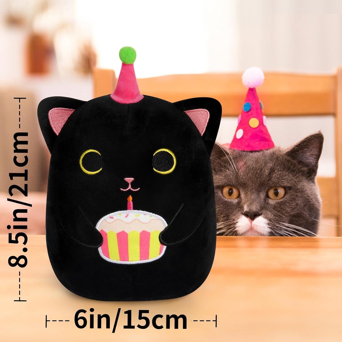 Black Cat Plush, 8 inch Birthday Cat Stuffed Animal Happy Birthday Plush Cute Cat Plush Pillow with Cake, Kawaii Cat Plushie Birthday Plush for Girls, Boys and Cats