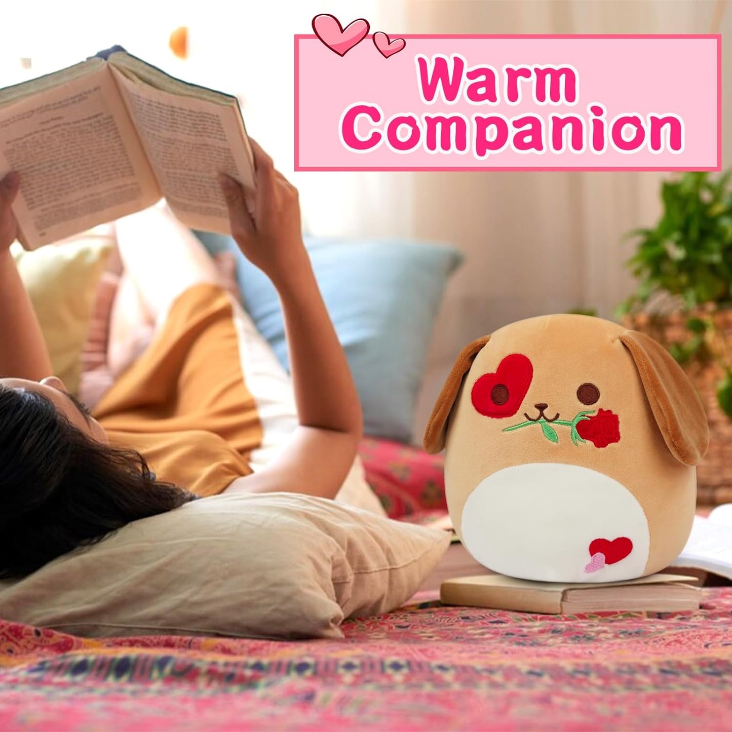 Valentine's Day Plush Dog Stuffed Animal Toys, Cute Valentines Day Dog Plush Gripper Rose, Kawaii Brown Heart Dog Plushie Doll, Soft Dog Plush Gift for Girlfriends Valentine's Day