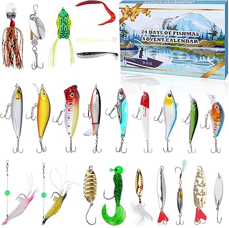 Fishing Advent Calendar 2024, 24 Day Christmas Countdown Fishing Lure Kit Adults Men Teens Boys, Fishing Lure Advent Calendar with Popper Minnow VIB Fishing Bait，Christmas Gift