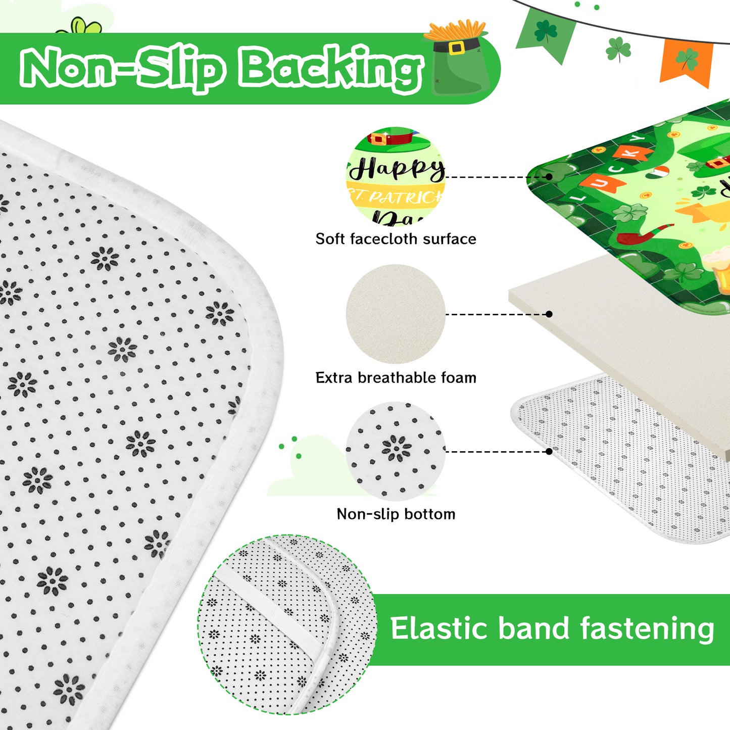 St Patricks Day Shower Curtain Set, 4pcs Happy St Patricks Day Shower Curtain with Non Slip Rugs, Toilet Lid Cover and Bath Mat, Green Shamrock Waterproof Fabric Bathroom Curtain