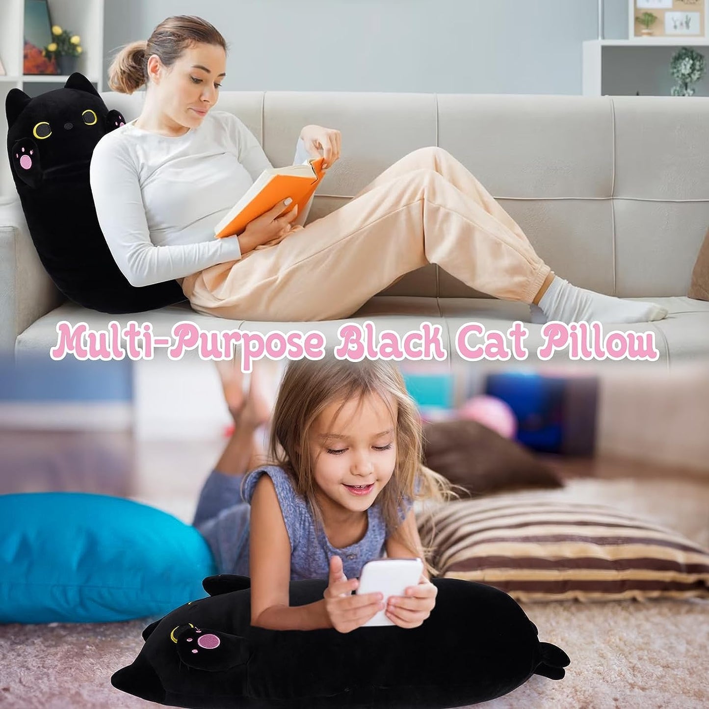 Almohada larga de felpa para gato, 24 pulgadas, lindo animal de peluche de gato negro, peluche de gato largo de dibujos animados, suave gato negro de peluche para niños, cumpleaños, Halloween