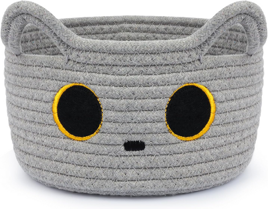 Cute Grey Cat Round Basket, Large Cotton Rope Basket Woven Blanket Basket for Nursery, Baby Laundry Blasket Toy Storage Basket Gift for Kids