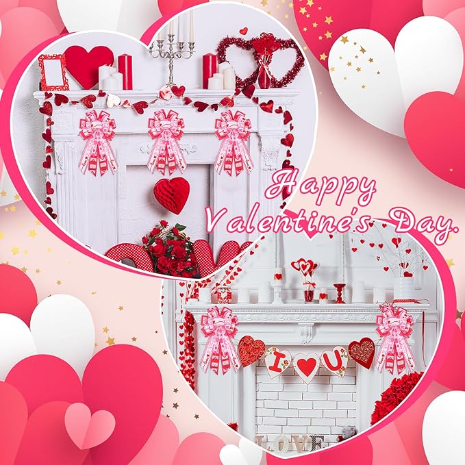 Valentines Day Bows, Pink Heart Valentine Bows for Wreaths, Tree Topper Valentines Day Decorations,Pink and White Burlap Bow for Home Wedding Classroom Office Party