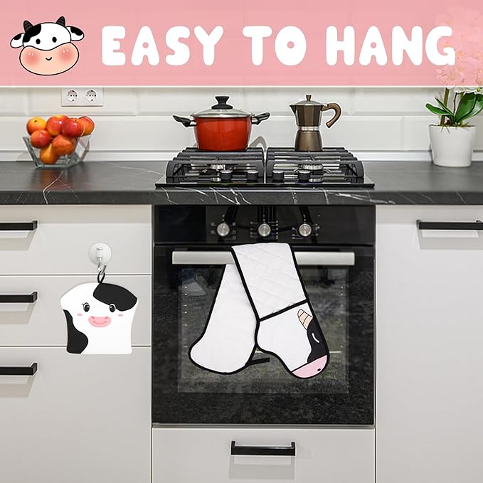 Double Oven Mitts and Pot Holder,Heat Resistant Cotton Oven Mitts with Hanging Loop,Cute Milk Cow Kitchen Gloves for BBQ,Cooking,Baking,Oven Mitts Gifts for Mom,Housewarm(White)