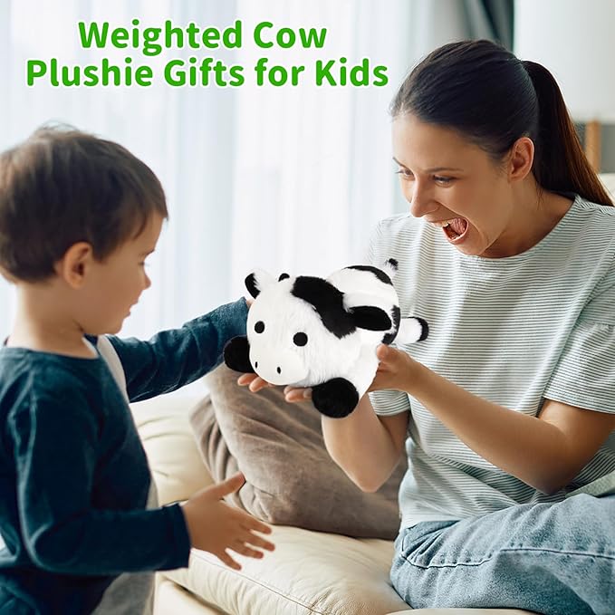Weighted Stuffed Animals,10 inch Weighted Cow Stuffed Animals,Cute Cow Plushie Dolls Plush Pillow Birthday Gifts for Kids Boys Girls
