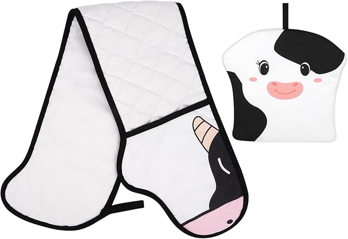 Double Oven Mitts and Pot Holder,Heat Resistant Cotton Oven Mitts with Hanging Loop,Cute Milk Cow Kitchen Gloves for BBQ,Cooking,Baking,Oven Mitts Gifts for Mom,Housewarm(White)