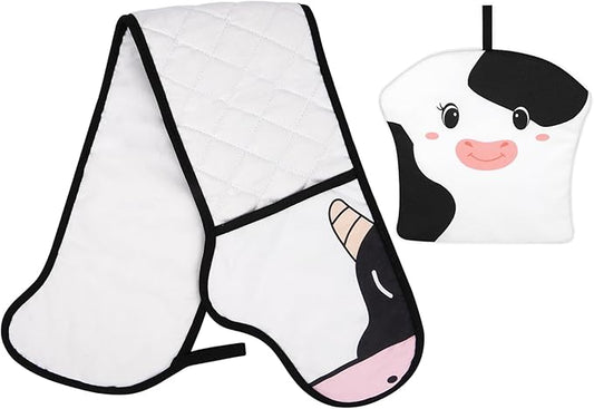 Double Oven Mitts and Pot Holder,Heat Resistant Cotton Oven Mitts with Hanging Loop,Cute Milk Cow Kitchen Gloves for BBQ,Cooking,Baking,Oven Mitts Gifts for Mom,Housewarm(White)