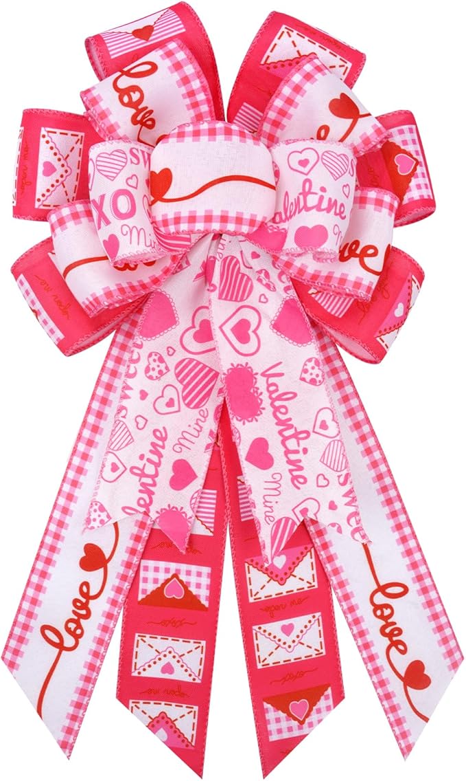 Valentines Day Bows, Pink Heart Valentine Bows for Wreaths, Tree Topper Valentines Day Decorations,Pink and White Burlap Bow for Home Wedding Classroom Office Party