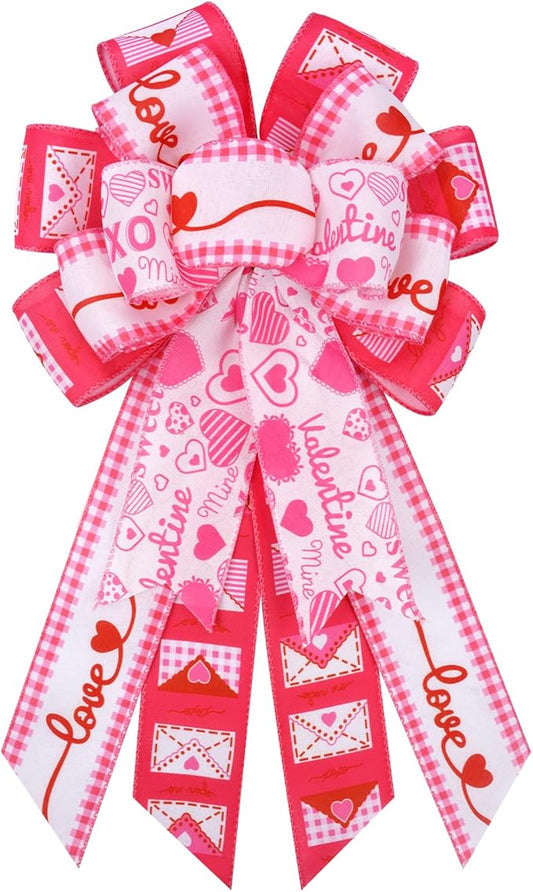 Valentines Day Bows, Pink Heart Valentine Bows for Wreaths, Tree Topper Valentines Day Decorations,Pink and White Burlap Bow for Home Wedding Classroom Office Party