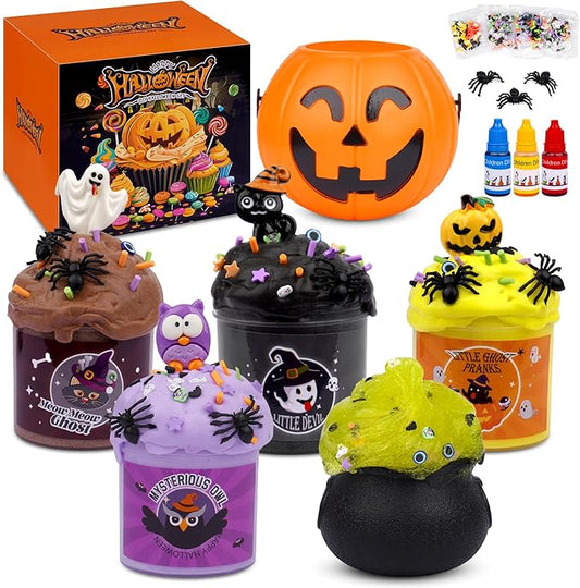 Halloween Slime Kit,5 Packs Butter Slime with Pumpkin Bucket,Cloud Slime Kit for Girls Ages 8-12,Non-Sticky Slime Making Kit with Color Liquid,Halloween Party Favor for Girls and Boys