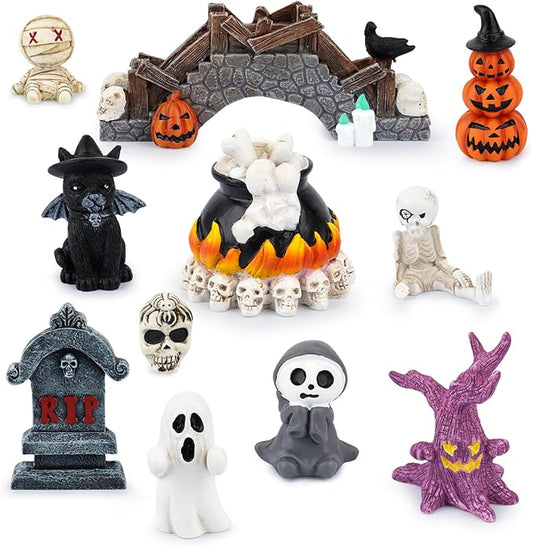 Halloween Mini Resin Figures, 12 Pcs Resin Animal Little Halloween Decor, Small Figures to Hide Ghost Pumpkin Miniatures Bulk for Party Dollhouse Village Garden Decor